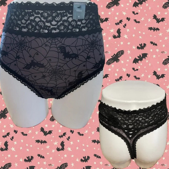 Torrid Plus 4 Black Bats Spider Web Lace Waistband/Trim Mid-Rise Thong Panties - Picture 1 of 6